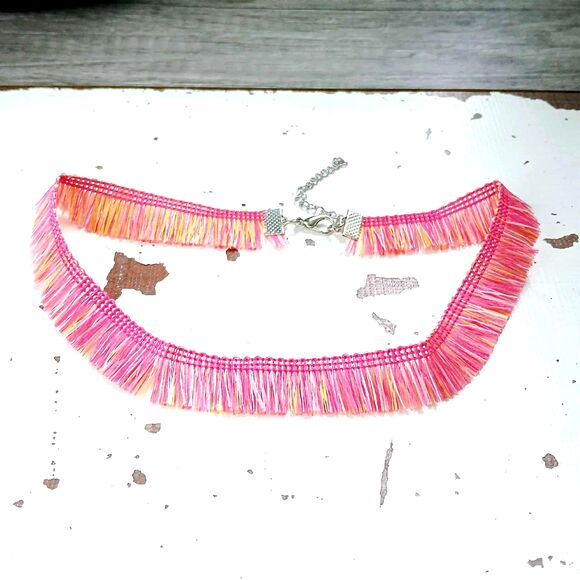 Pink Fringe Adjustable Choker Necklace, Cute Boho Chic - Picture 1 of 4
